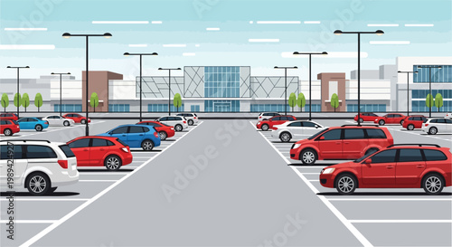 A brightly colored illustration depicting a full parking lot at a shopping mall