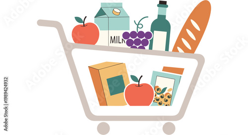 A shopping cart filled with fresh food and drink