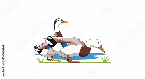 Two cartoon ducks are walking near a body of water and grass