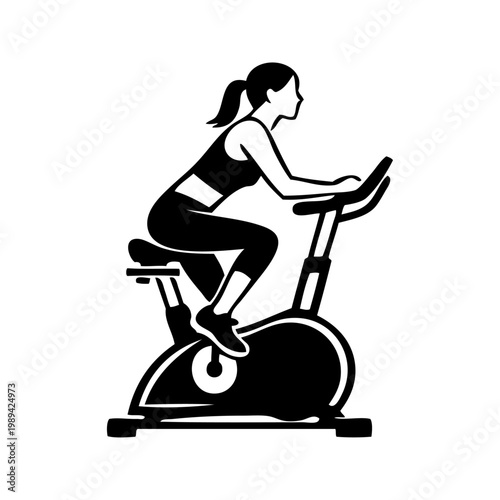 Logotipo gimnasio. Dibujo minimalista con líneas de una mujer haciendo ejercicio en una bicicleta estática 