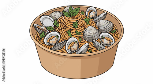 Flavorful spaghetti with clams and fresh herbs in a brown bowl