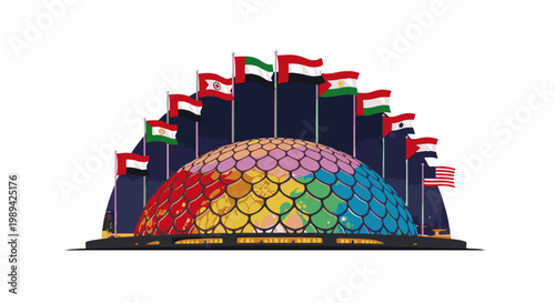 Colorful dome structure with flags from various nations displayed atop dark spires