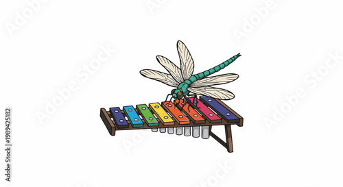 Dragonfly playing a colorful xylophone with its legs