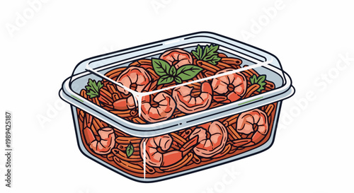 Transparent container filled with pasta and shrimp, garnished with herbs