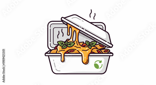 Steaming pasta with melted cheese overflows from open takeaway box