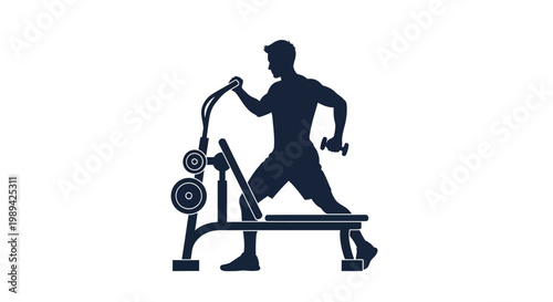 Silhouette of a man using a cable machine for strength training