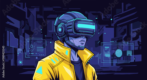 Futuristic person in virtual reality headset and yellow jacket