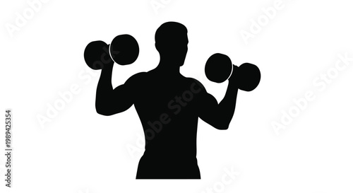 Silhouette of a muscular man lifting dumbbells during a workout session