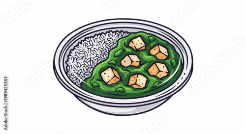 A bowl of white rice with green curry and cubed tofu