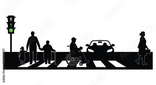 Pedestrians and vehicles navigating a crosswalk with a green traffic signal