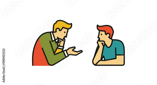 Discussion between two people with thought bubbles and gestures