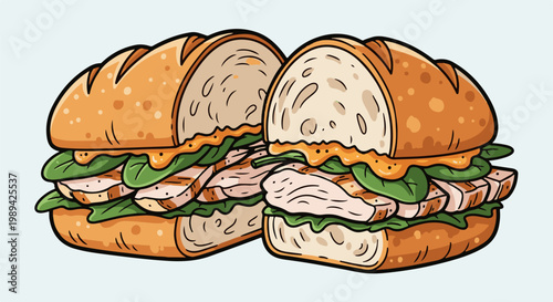 A cartoon illustration of two halves of a hearty sub sandwich with chicken, lettuce, and sauce