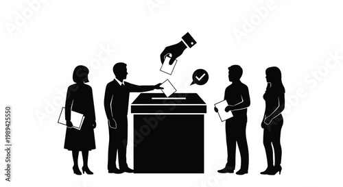 People voting in an election with a ballot box and checkmark symbol