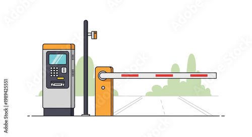 Automated parking system with ticket dispenser and barrier gate illustration