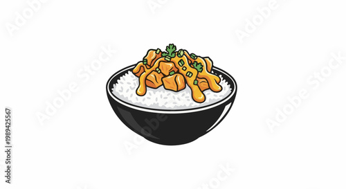 A bowl of white rice topped with orange chunks and green garnish