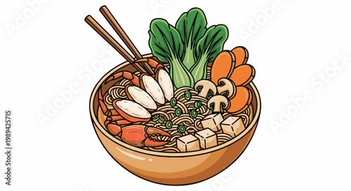 A cartoon bowl of noodles with crab, tofu, bok choy, mushrooms, and carrots