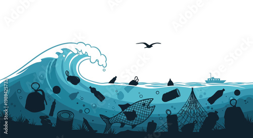 A wave of plastic pollution overwhelms the ocean and marine life