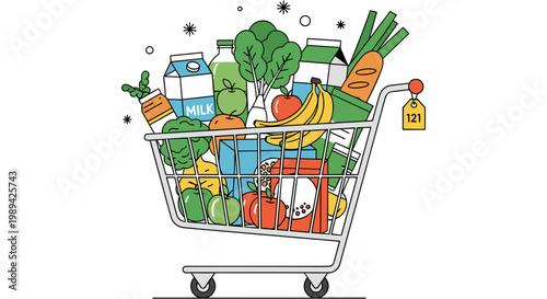 A shopping cart filled with fresh produce and groceries