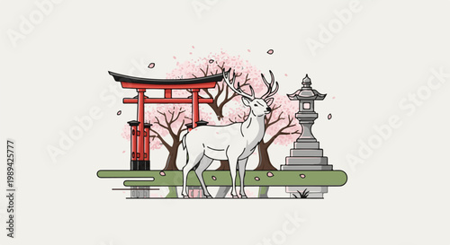 White deer stands beneath blooming cherry trees by a Japanese torii gate