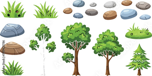 Cartoon nature landscape elements set, green forest trees and grass tufts vector collection, organic garden plants and smooth river stones, outdoor environment assets