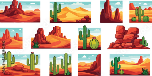 Desert landscape vector illustrations with saguaro cactus and red rock formations. Wild West scenery collection with sand dunes and canyon mountains. Arid nature backgrounds.