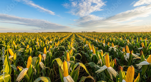 Expansive corn farm with rows stretching across bright sunny landscape