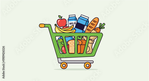 A green shopping cart filled with groceries