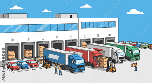 Logistics Warehouse Dock Doors with Trucks and Forklifts Loading Cargo