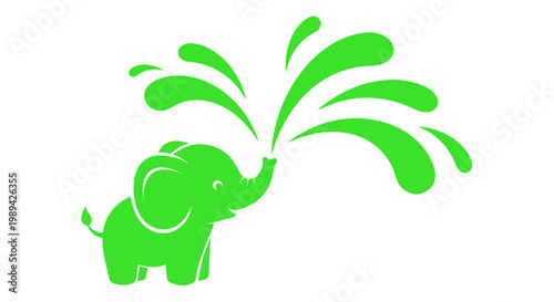 Cute Green Elephant Spouting Water, Cartoon Style