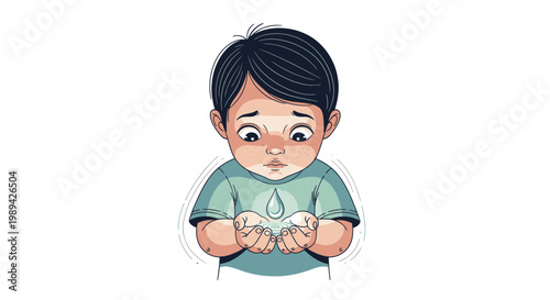 Sad Boy Holding Water Droplet in Hands, Thirst Concept
