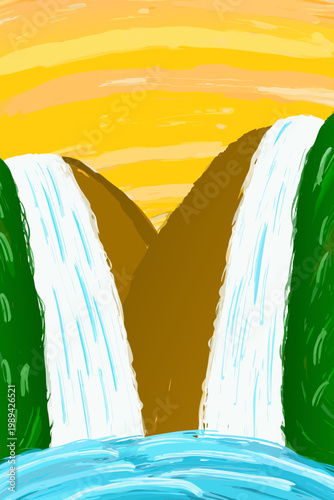 Twin waterfalls cascade down a dark canyon into a tranquil blue river