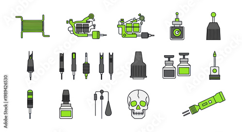 Tattoo Machine Equipment and Supplies Icon Set - Green and Grey