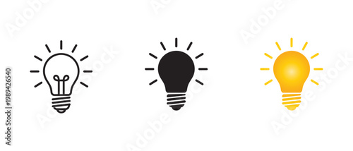 Light Bulb Icon Set Idea, Innovation and Energy Symbols. Vector Outline, Solid Black, and Glowing Gradient Design