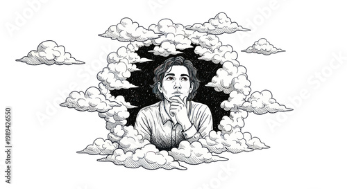 Young person in clouds, deep thought, contemplation, creative idea, imagination
