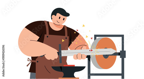 Blacksmith Sharpening Sword with Grinding Wheel, Sparks Flying