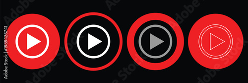 Set of Red and White Play Button Icons for Video Streaming and Music Player Interface Featuring Circular Designs with Varied Outlines and Fills.