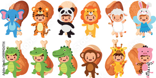 Set of Cartoon Children in Animal Costumes Including Elephant, Tiger, Panda, Lion, and More for Fun, Playful, and Childhood-Themed DesignsSet of Cartoon Children in Animal Costumes Including Ele