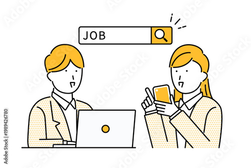 パソコンやスマホを使って仕事を探す若い男性と女性のイラスト