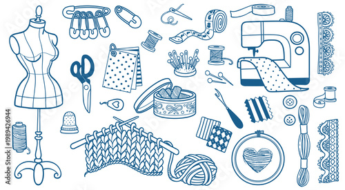 Set of objects for needlework - a mannequin and a sewing machine, a hoop with embroidery, threads, needles, lace