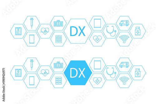 DXの文字と六角形のフレームに入れられた医療系アイコン―医療DXのイメージ素材