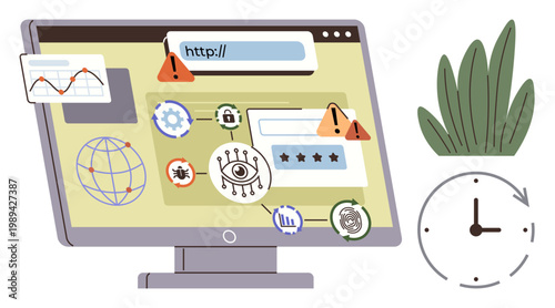 Cybersecurity, online fraud, data security, internet safety, risk prevention, digital threats. Computer screen with warning icons, lock symbols and notifications. Cybersecurity and online fraud