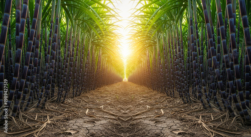 Pathway through sugarcane field illuminated by bright sunlight at horizon