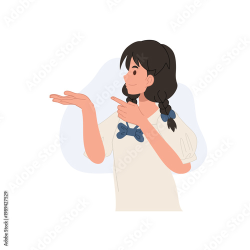 young girl character pointing with hand gesture to present or explain information. Thai student girl.