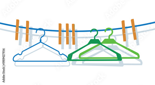Clothes hangers on clothesline with clothespins, laundry day concept