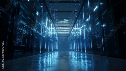 Futuristic data center aisle with glowing blue server racks and reflective floor
