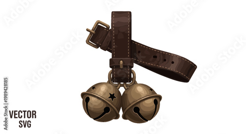 Brown Leather Collar with Jingle Bells, Christmas Holiday Vector