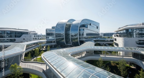 Modern office complex with sleek glass walkways and buildings