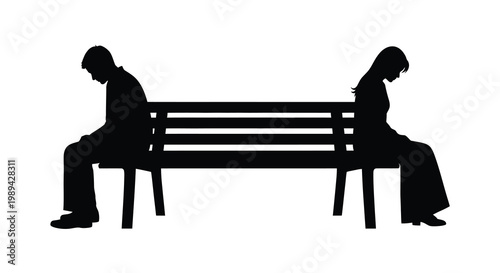 A couple sits apart on a park bench displaying emotional distance silhouette