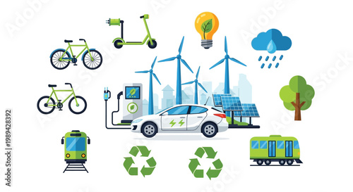 An illustration showcasing various eco-friendly transportation options and renewable energy sources for a sustainable future