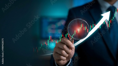 Successful professional financial analyst using a magnifying glass to examine a glowing rising stock market chart with an upward arrow in a dark modern corporate environment